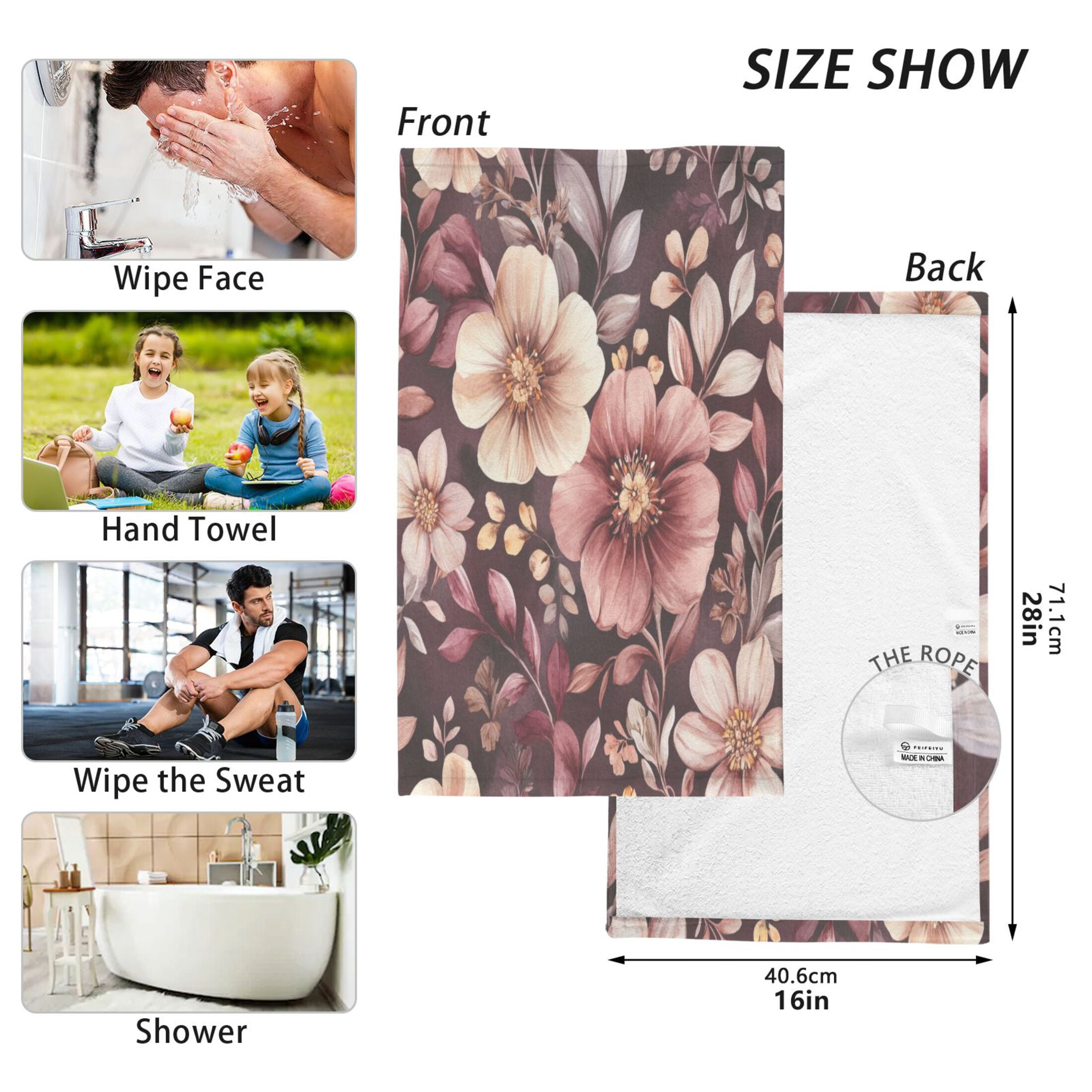 Cotton Towel Two-Piece 16x28 Inch One Sizex2 Face Towel Set Towel Set Cotton Hand Bath Towel Bathroom Beach Vibrant Maroon Flowers