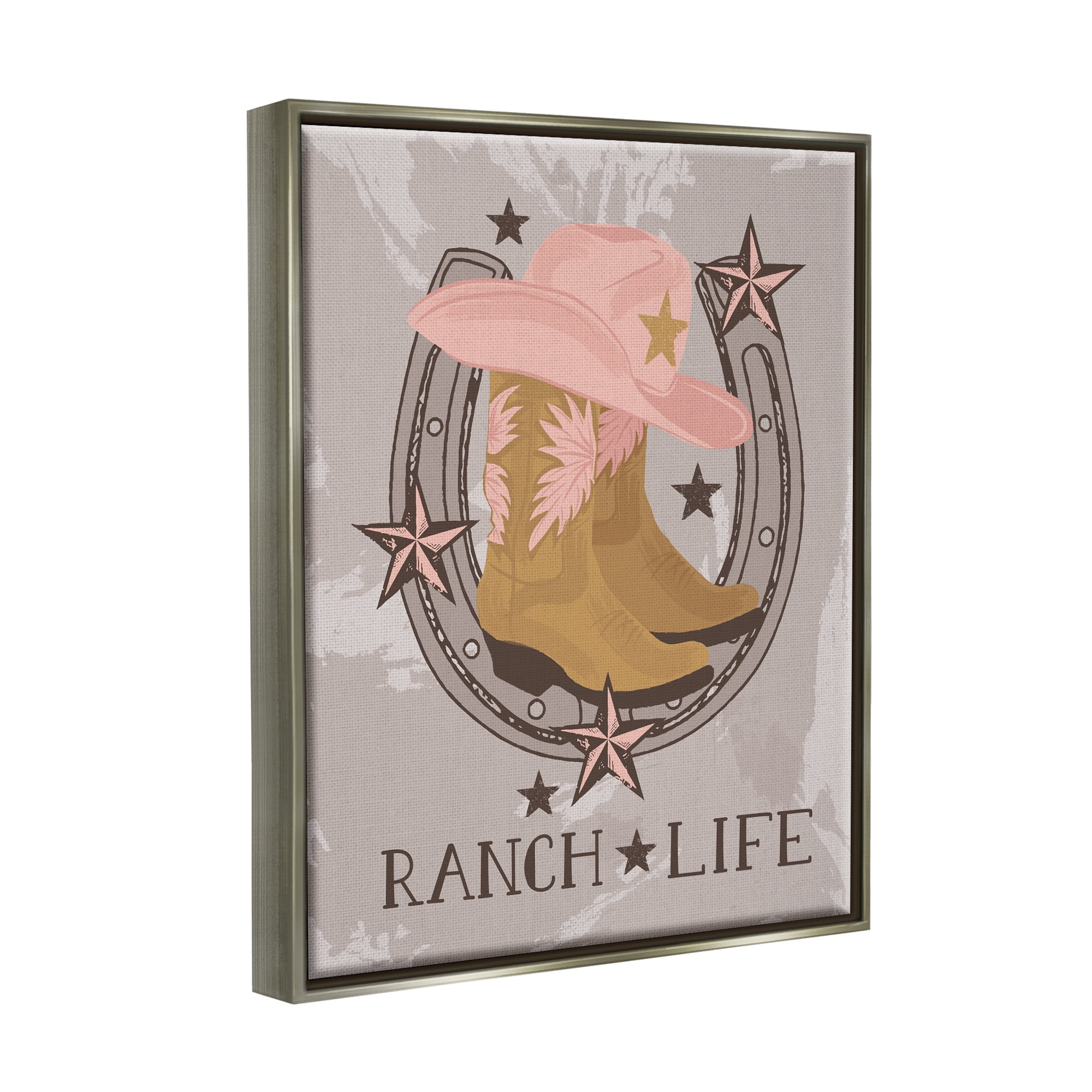 Stupell Industries Ranch Life Cowgirl Horseshoe Nature Painting Gray Floater Framed Canvas Art Print Wall Art, 25 x 31
