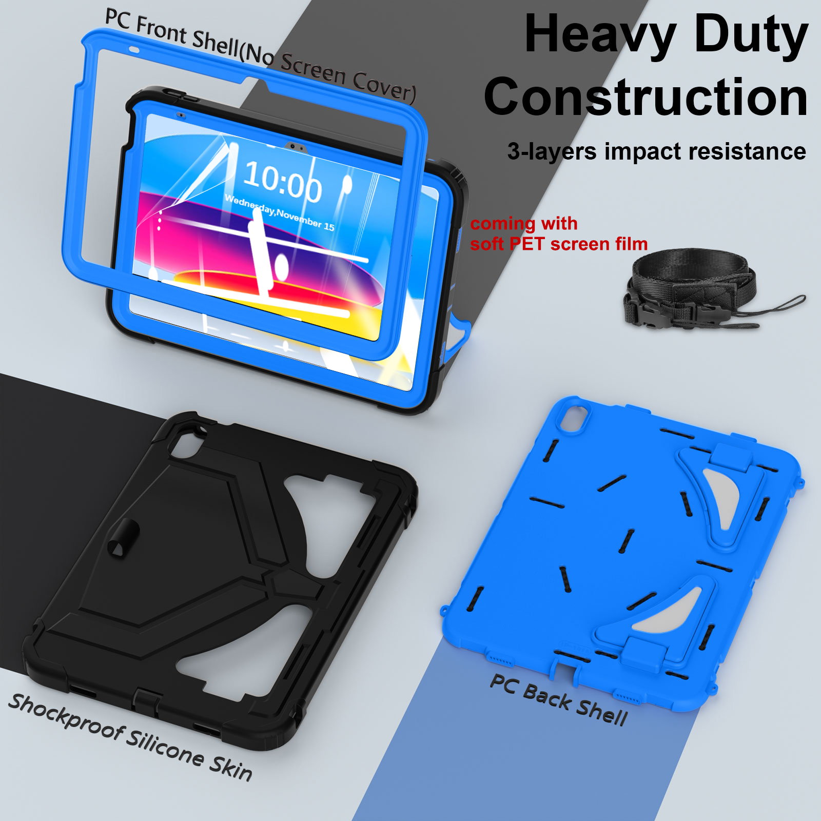 Dteck Case for 2025 Apple 11-inch iPad A16/ 10.9-inch iPad 10th Generation 2025 Cover with Pencil Holder Screen Protector Shoulder Strap Kicsktand Thickned Cornor for Kids Boys,Black Blue