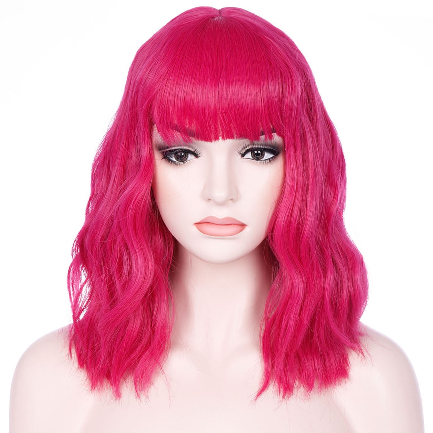 BERON Hot Pink Wigs Short Curly Bob Wig with Bangs Wavy Hair Wigs 14