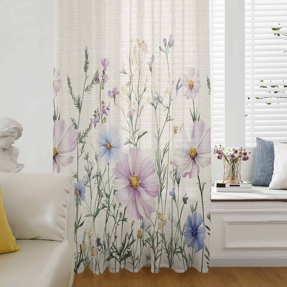 Pink Blue Spring Floral Semi Sheer Curtains Drapes for Living Room,Bedroom,French Doors Window 108 Inches Long,Watercolor Elegant Botanical Rustic Rod Pocket Chiffon Curtain Drapery Voile Panel