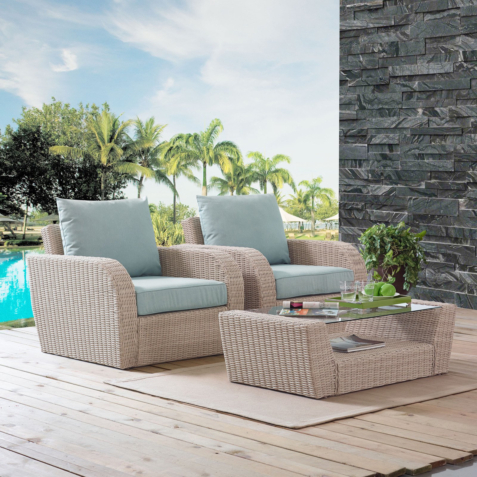 Crosley Furniture St Augustine 3 Pc Outdoor Wicker Seating Set With Mist Cushion - Two Outdoor Wicker Chairs, Coffee Table - image 2 of 11