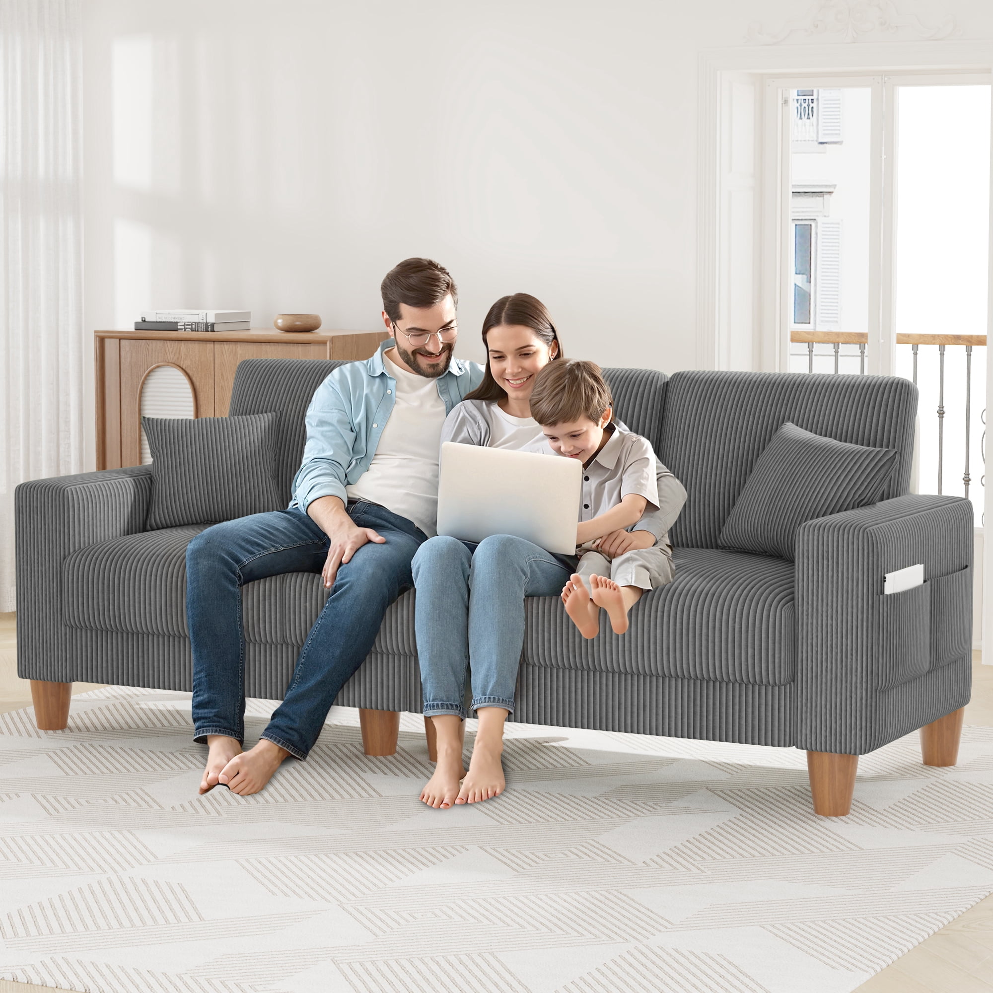 AAQZ 101" Corduroy Sofa Couch for Living Room, 3 Seater Deep Seat Comfy Couch in a Box, 2 Cushions, 2 Pillows Tool-Free Setup,Gray