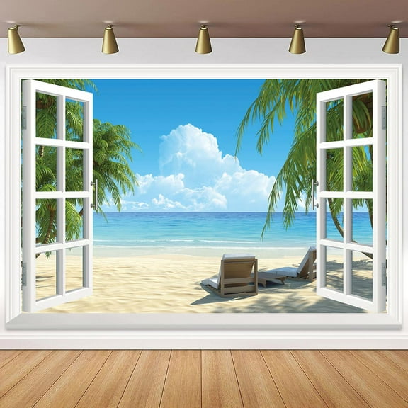 Tropical Beach Party Backdrop,7X5Ft Window Frame Style Canvas Photography Background Blue Coastal Party Event Decoration