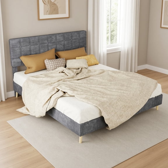 Queen Upholstered Bed Frame with Tufted Velvet Headboard, Ergonomic Padded Platform Bed, Noise-Free Sturdy Frame, Easy Assembly for Bedroom, No Box Spring Needed
