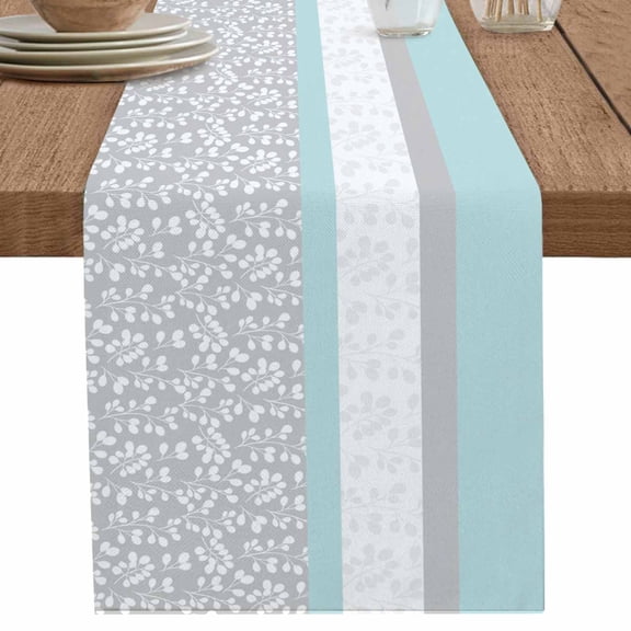nqOlkjepod Aqua Grey Table Runner 60 Inches Long Farmhouse Dress Scarves, Chic Garden Floral Stripe Embroidery Design Dining Tablerunner for Coffee Table/Kitchen Island/Party Décor, 13" x 60"