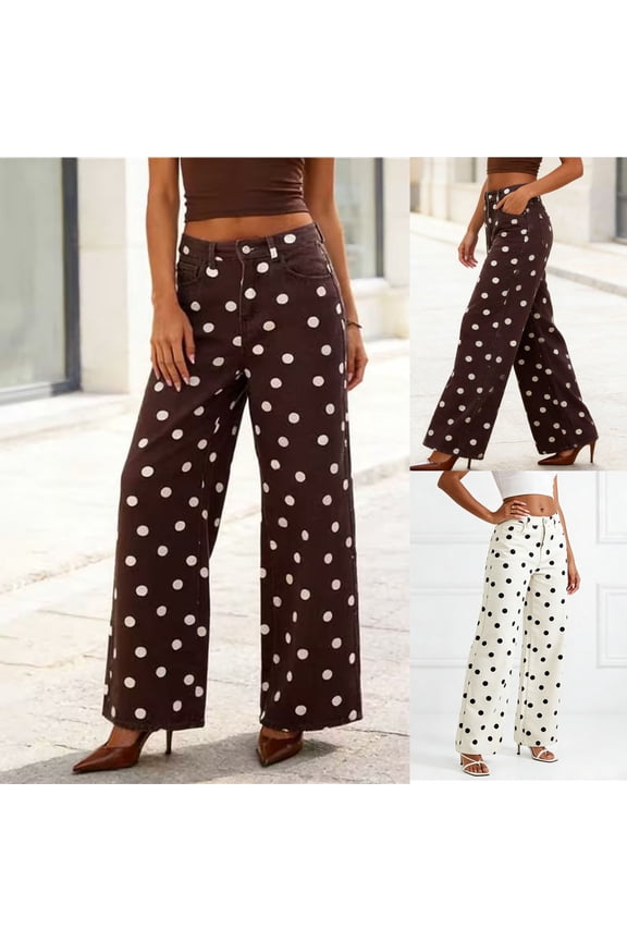 Polka-Dot Denim Pants for Women High Waisted Wide Leg Jeans Loose Casual Office Work Everyday Wear Summer Clothes with Pockets