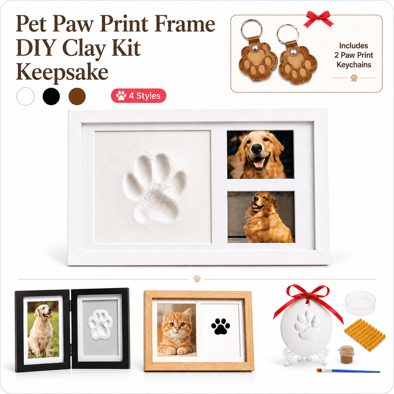 Pet Paw Print Keepsake Kit, DIY Clay Paw Impression Ornament with Letter and Number Stamps, Paint Brush, Ribbon, Display Stand and 2 Pet Hair Storage Paw Keychains, Dog Cat Memorial Sympathy Gift