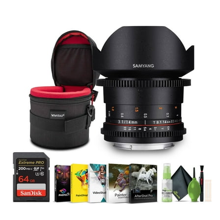 Samyang 14mm T3.1 VDSLRII Cine Wide Angle Lens for Sony Alpha Mount Bundle With Cleaning kit   Corel Photo, Video, & Art Suite Deluxe   4.5 inch Lens Case   Extreme PRO 64GB Memory Card
