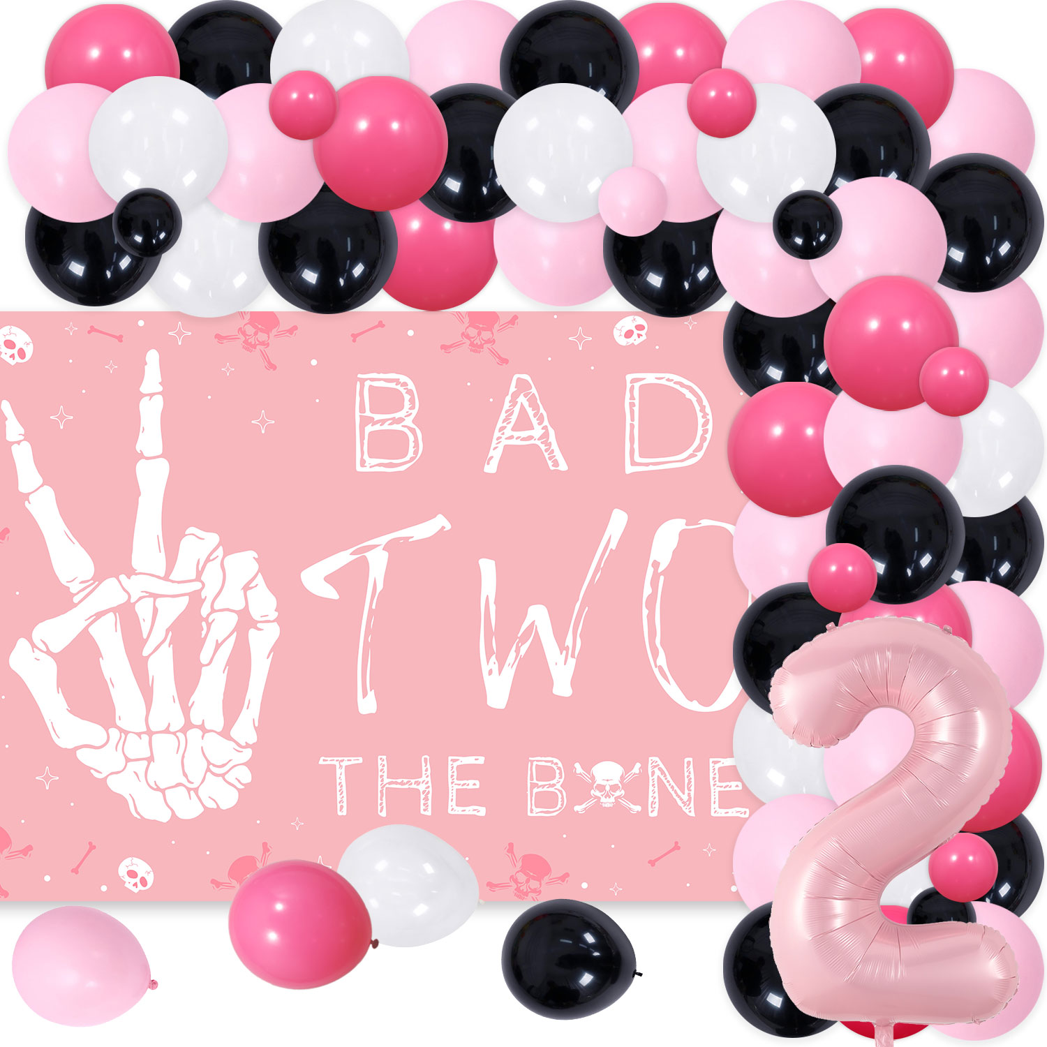 Bad Two The Bone 2nd Birthday Party Decorations for Girls Pink Balloon Garland Arch Kit with Skull Bone Bad Two The Bone Backdrop, Rock n Roll Music Theme 90s Second Birthday Party Decor