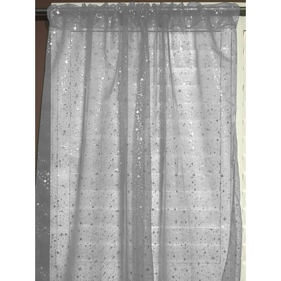 Silver Stars on Sheer Tinted Organza Solid Single Curtain Panel 58 Inch Wide Silver