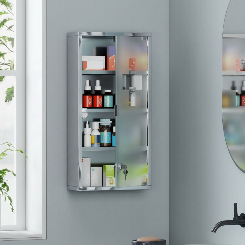 Alvantor Lockable Medicine Storage Cabinet with 4 Shelves, Stainless Steel Wall Mount Silver 12"x24"