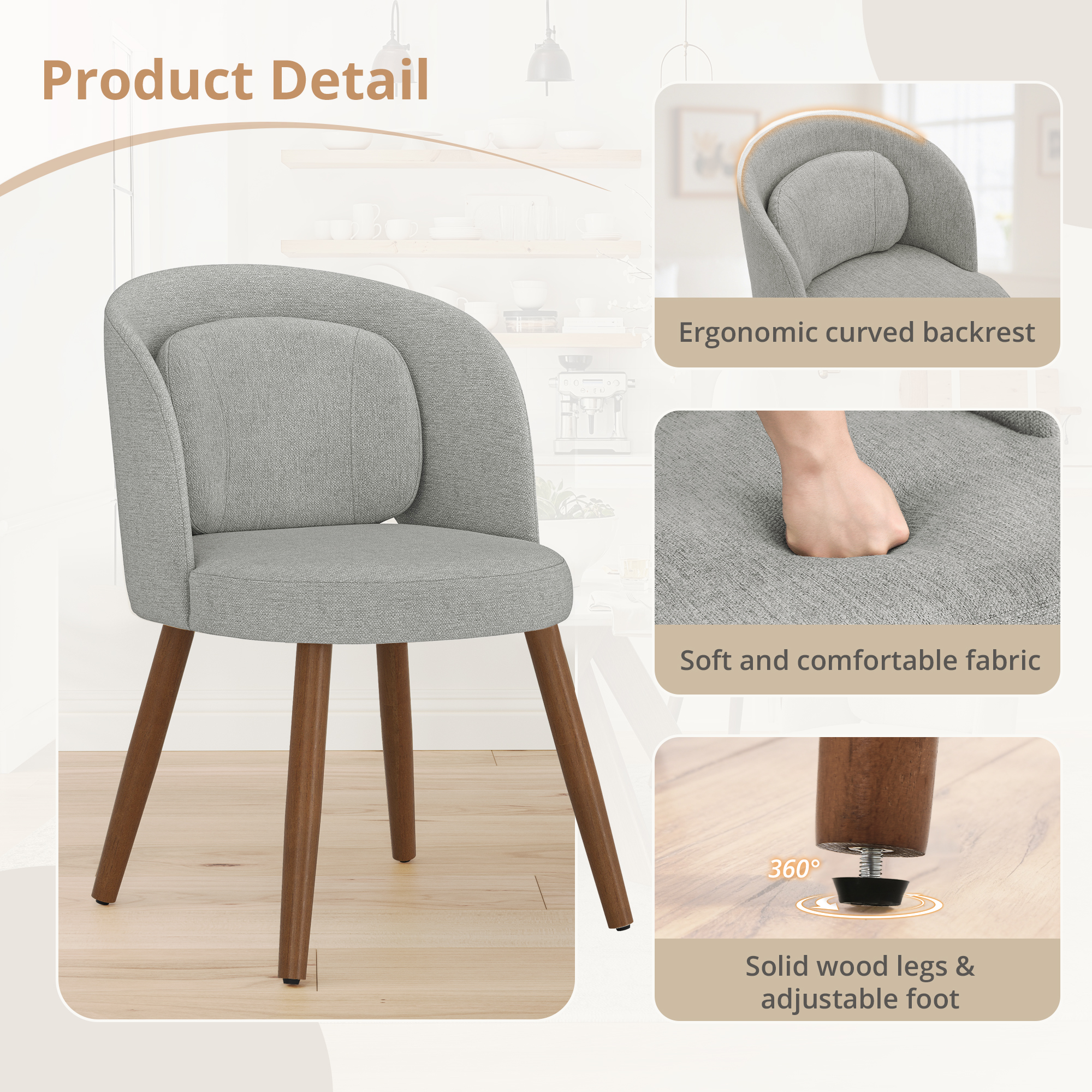 Dycanpo Upholstered Dining Chairs Set of 2, Wooden Dining Side Chairs with Curved Backrest & Individual Back Cushion, Gray-Fabric
