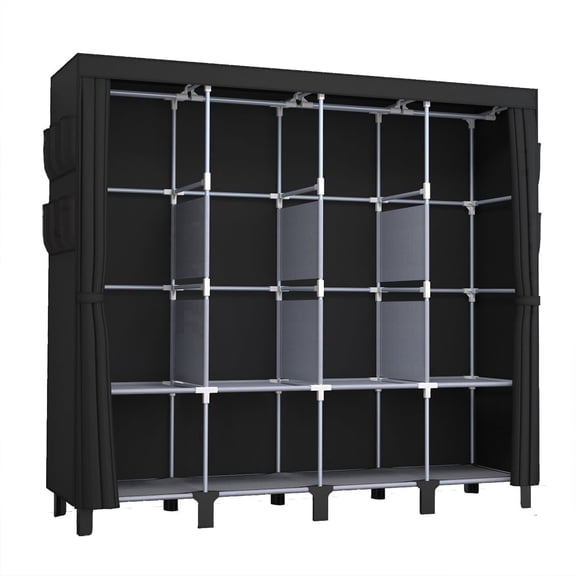 Black, Portable Closet Organizer and Storage with 3 Hanging Rods for Hanging Clothes, 6 Wardrobe Closet Storage Shelves for Bedroom, Easy to Assemble.