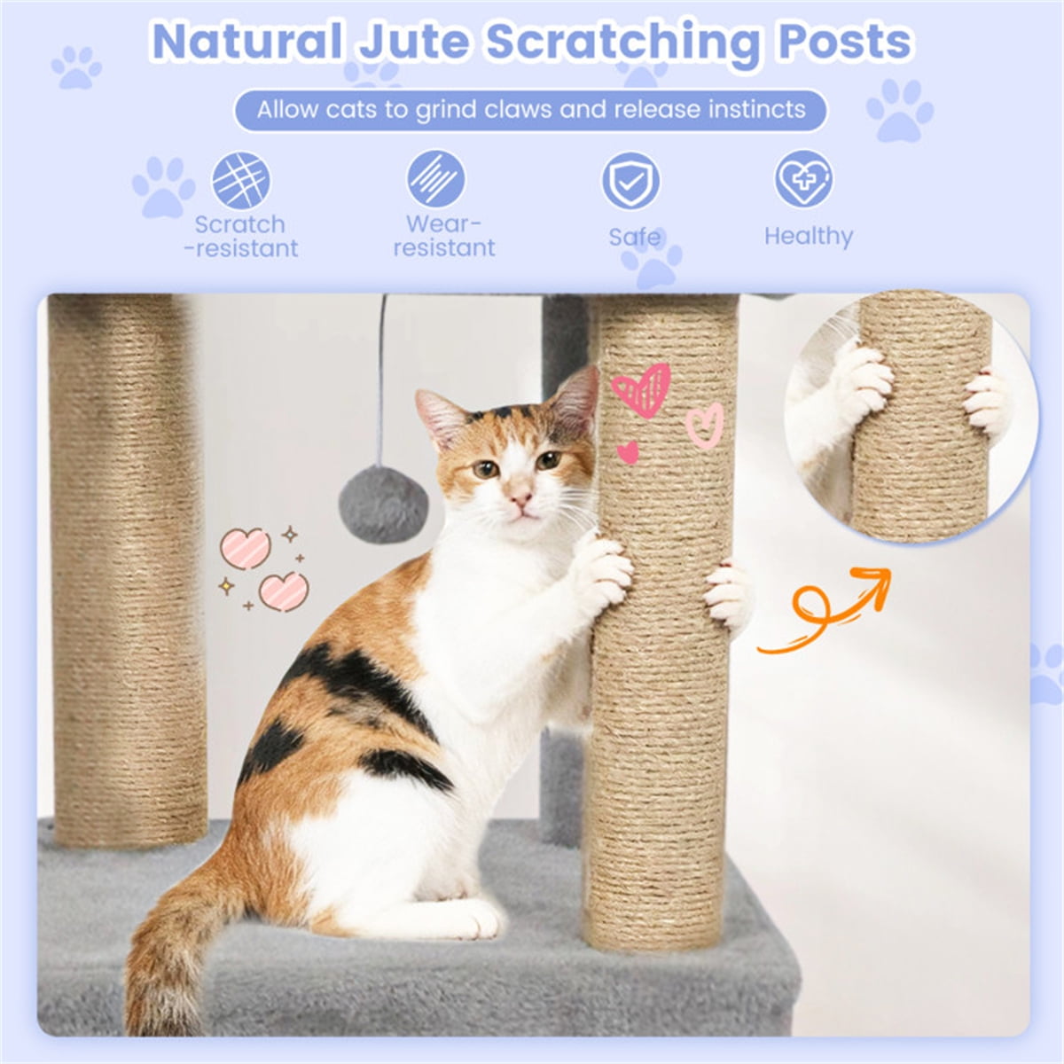 Light Gray 64 Inch Cat Tower with Plush Perches 3 Dangling Balls Jute Scratching Posts and Anti Tipping Device for Multi Cat Households