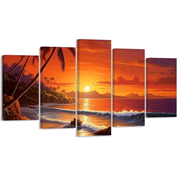 ZHONGYUTONG Sunset Beach Wall Art 5 Pieces Ocean Waves with Palm Trees Pictures Canvas Prints Seascape Paintings Modern Artwork for Lving Room Office Framed (16"x24"x2 16"x32"x2 16"x40"x1)