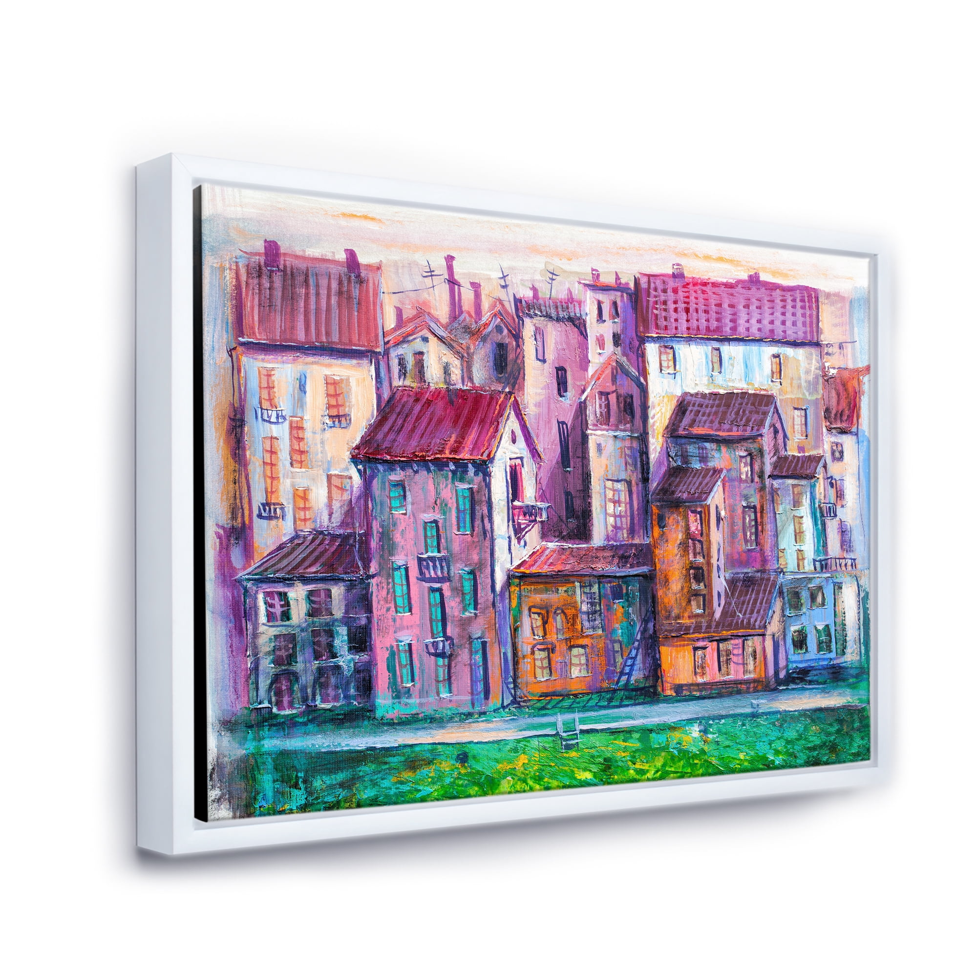 Designart 'Street With Colorful Old Homes Landscape' Modern Framed Canvas Wall Art Print