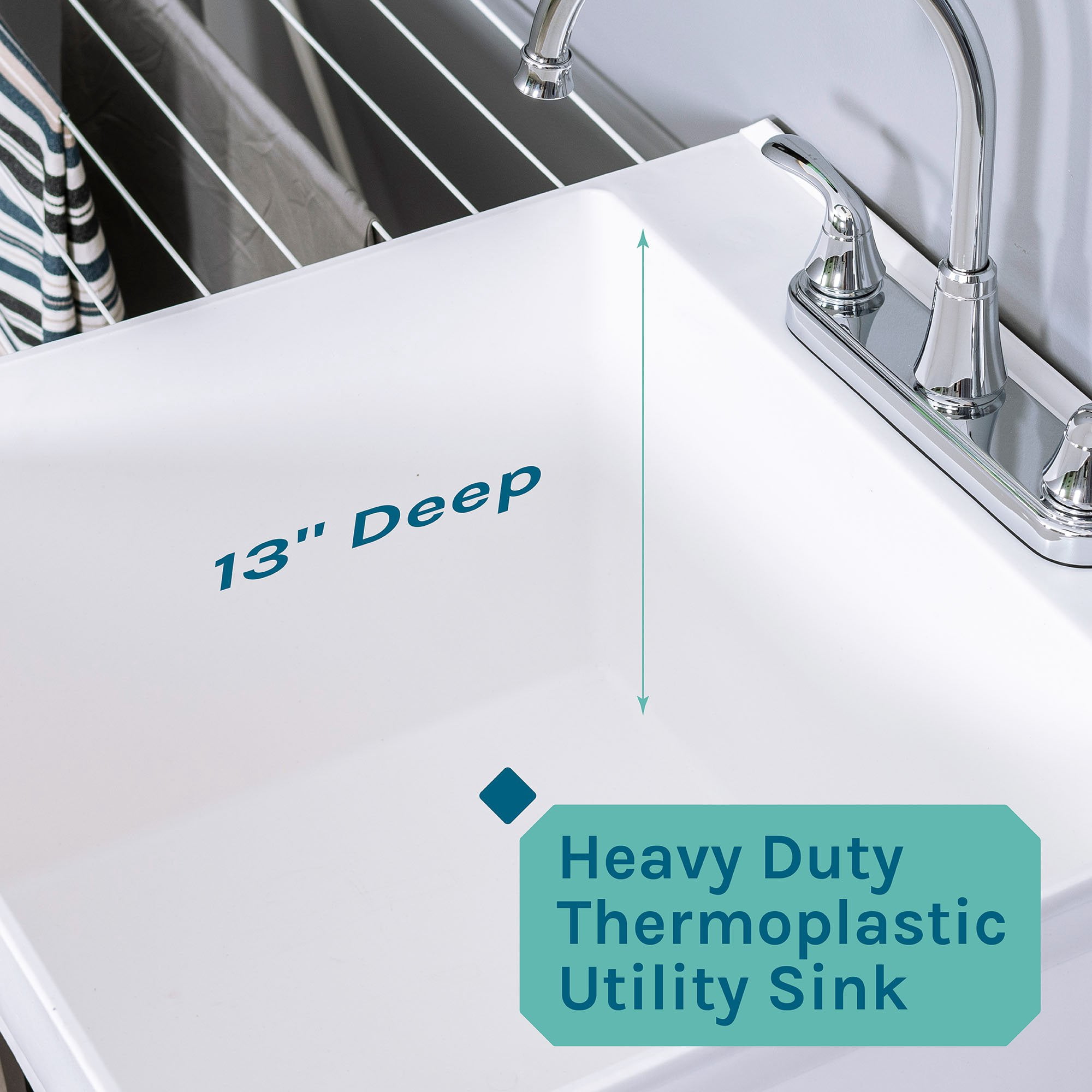 Tehila White Freestanding Floor Mount Utility Sink Kit with Chrome Finish Faucet for Laundry Room