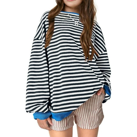 

CHAOLEI Kids Girls Pullover Striped Color Block Crew Neck Long Sleeve Shirt Casual Loose Sweatshirt Classic Sweater Tops -Dark Blue 13-14 Years