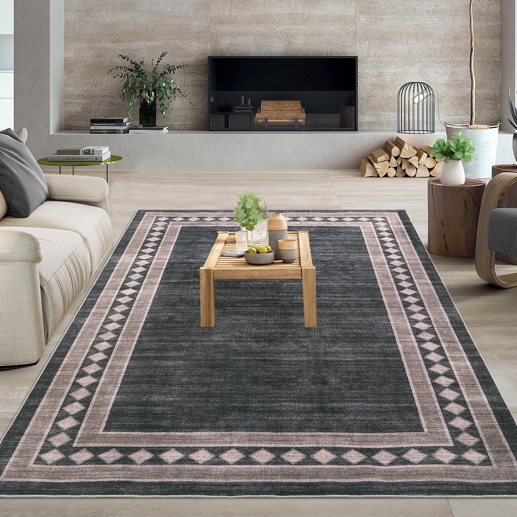 CAROMIO Area Rug Washable Modern Rug Geometric Border Carpet Non-Slip Throw Rug for Bedroom Living Room, 8' x 10' Brown