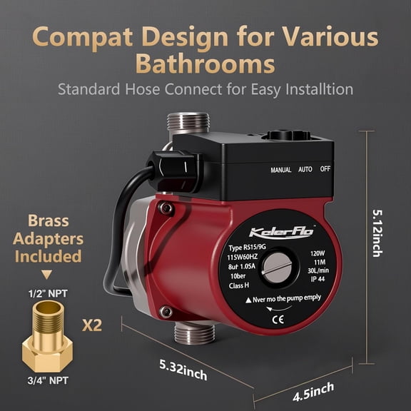 Hot Water Recirculating Pump, 120W 110V Automatic Circulating Pump/Booster Pump Stainless Steel Head NPT 3/4", 15-9S Three Speed Control for Electric Water System