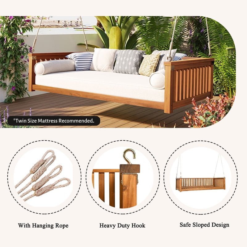 Patio Twin Size Garden Swing Bed, Wooden Porch Swing Frame with Ropes, Outdoor Hanging Swing for Garden, Backyard, Patio, Safe Sloped Design