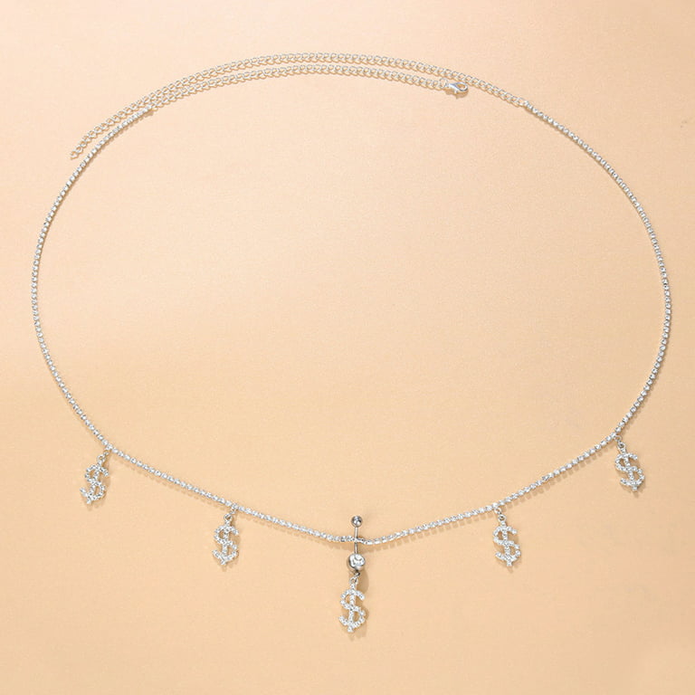 Women Sexy Rhinestone Belly Button Ring Surgical Steel Love Heart Pendant  Dangle Piercing Navel Waist Chain Body Jewelry (Blue)