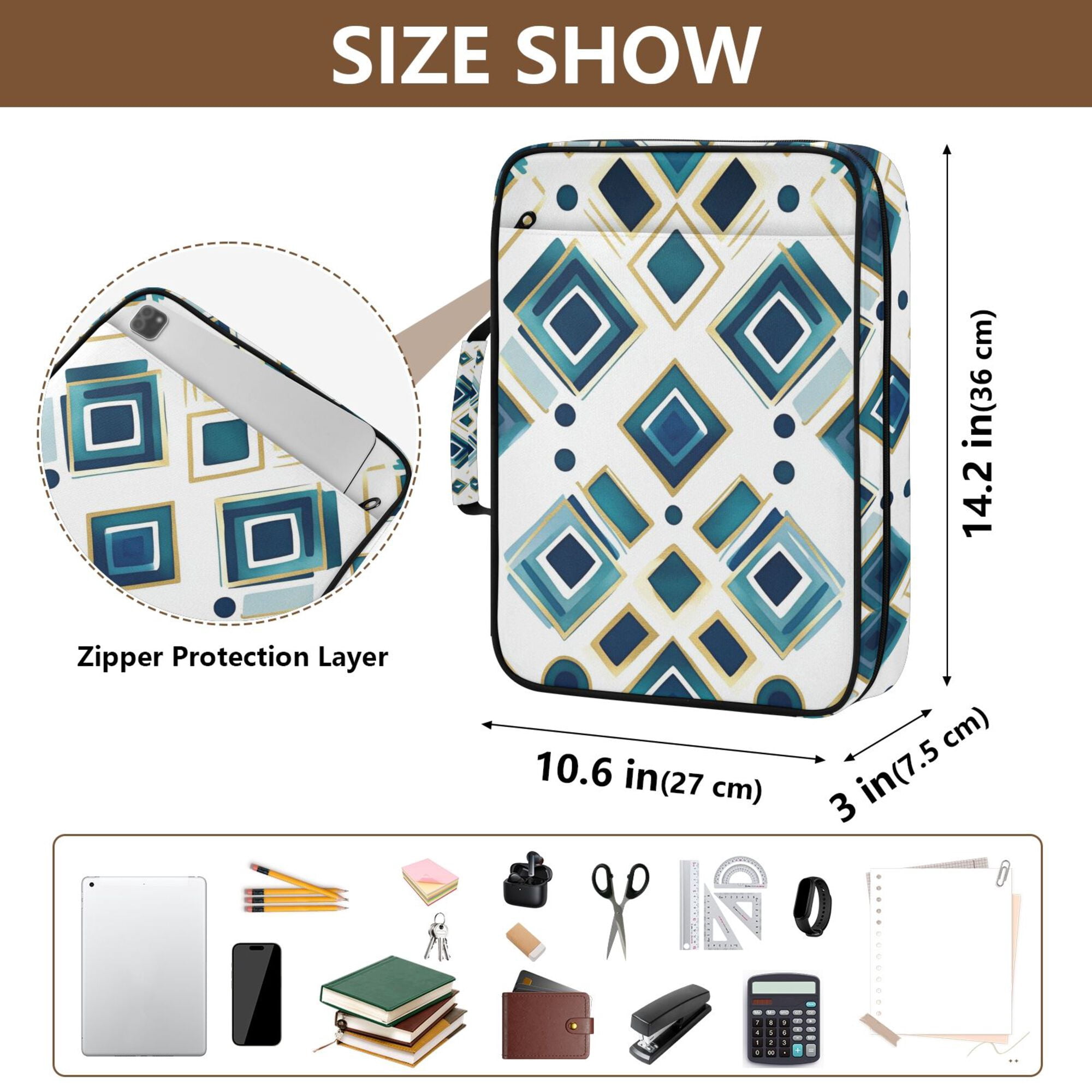 FORMRS Accordion File Folder A4 Size 7-Pocket Expanding Document Organizer Bag with 3 Ring Binder, Green Geometric Pattern