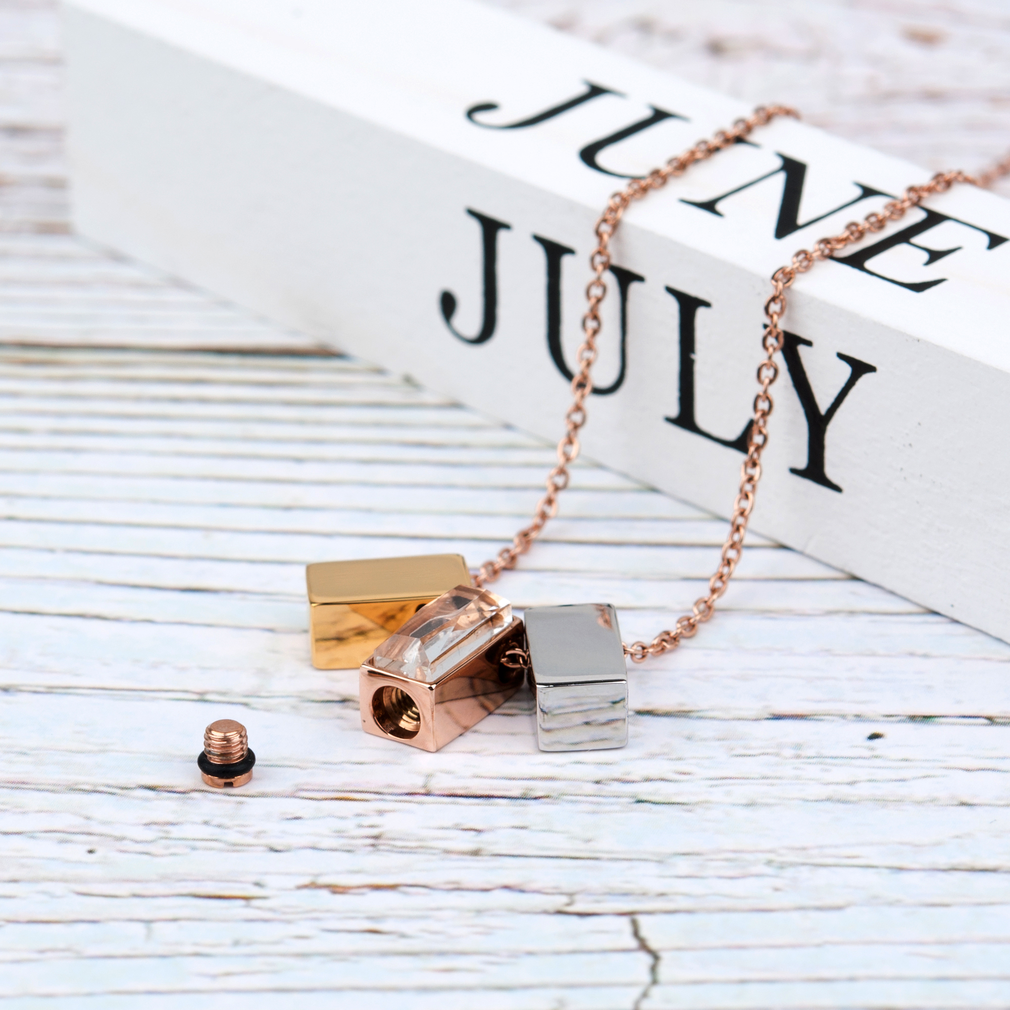 Anavia See You Cremation Necklace for Ashes, Mini See Through Urn Necklace, Mini Cube Cremation Pendant, Cremation Jewelry, Memorial Jewelry, Mini Urn w/ Multicolor Cubes-[Gold & Rose Gold & Silver]
