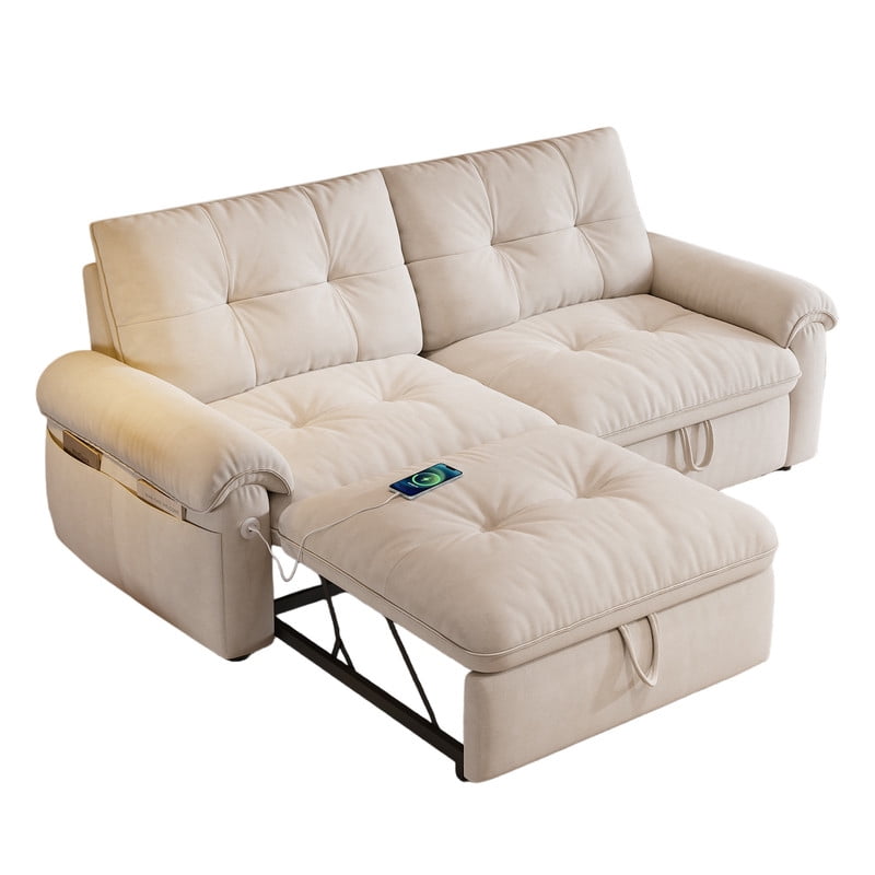 77.2" Convertible Sofa Bed, 2-in-1 Full Size Sleeper Sofa, Plush Upholstered Loveseat with USB Charging Ports & Side Pockets, Steel Frame Pull-Out Couch for Living Room, Bedroom, Apartment