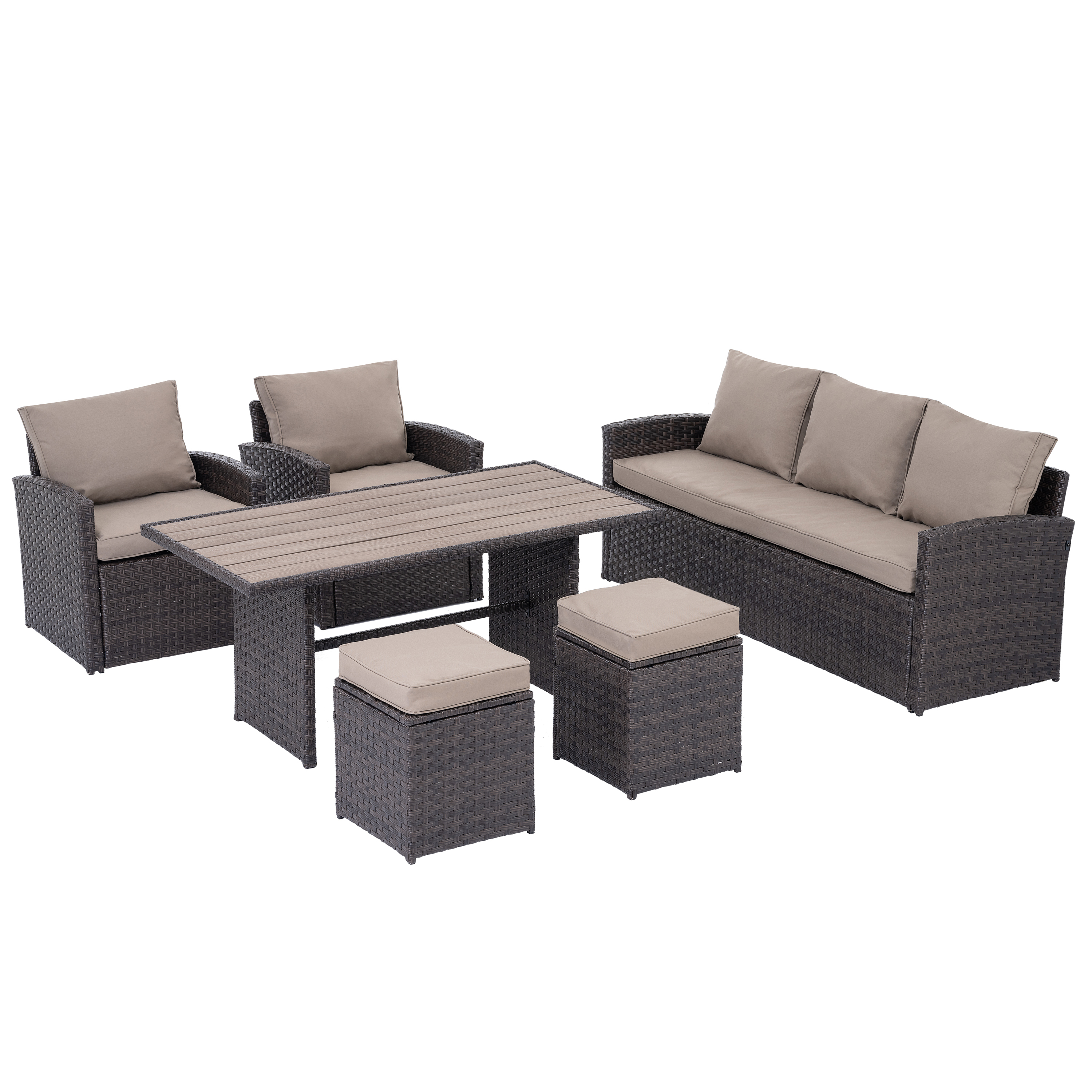 Patio Rattan Dining Table Set, 6 PCS Outdoor PE Wicker Conversation Set, Cushioned Seat Backrest Sofa with 2 Armchair Sofa, 2 Ottoman & Table, Sectional Furniture Set for Garden Porch Deck Patio - image 4 of 9
