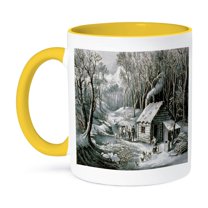 3dRose, Vintage Currier and Ives Wilderness Log Cabin Woods , 15oz Two-Tone Yellow Mug