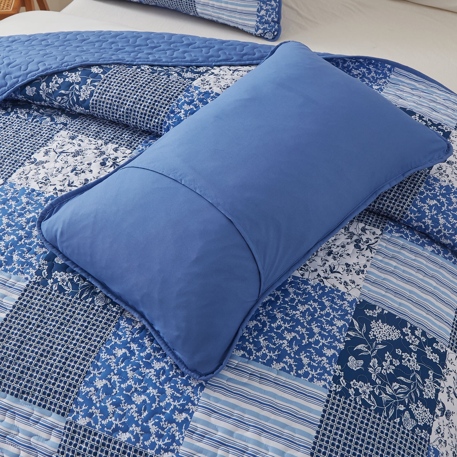 Dintszyayue Grid Patchwork Quilt Set Queen Size,3Pcs Blue Bedding Set Lightweight Adult(90"x 96")