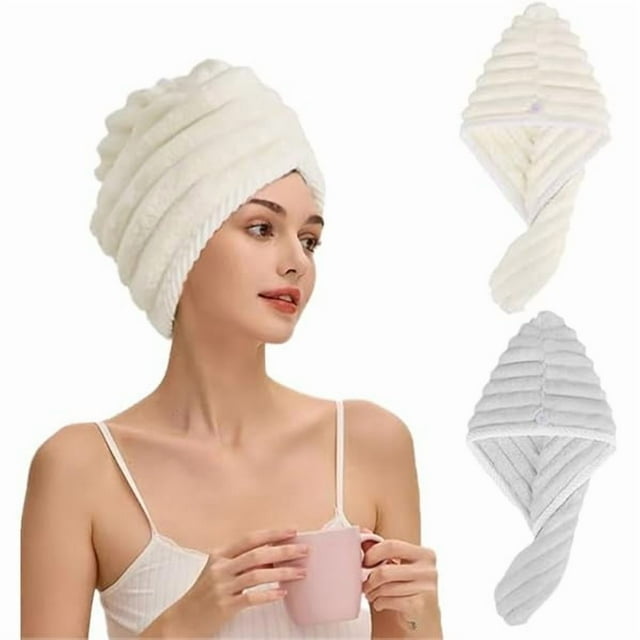 wonima11 Microfiber Hair Towel Wrap, 2Pack Thickened Drying Hair Wraps Towels with Button. Super Absorbent Drying Hair Towel Wrap for Curly Hair, Anti Frizz Towel for Women. (Off White+Gray)