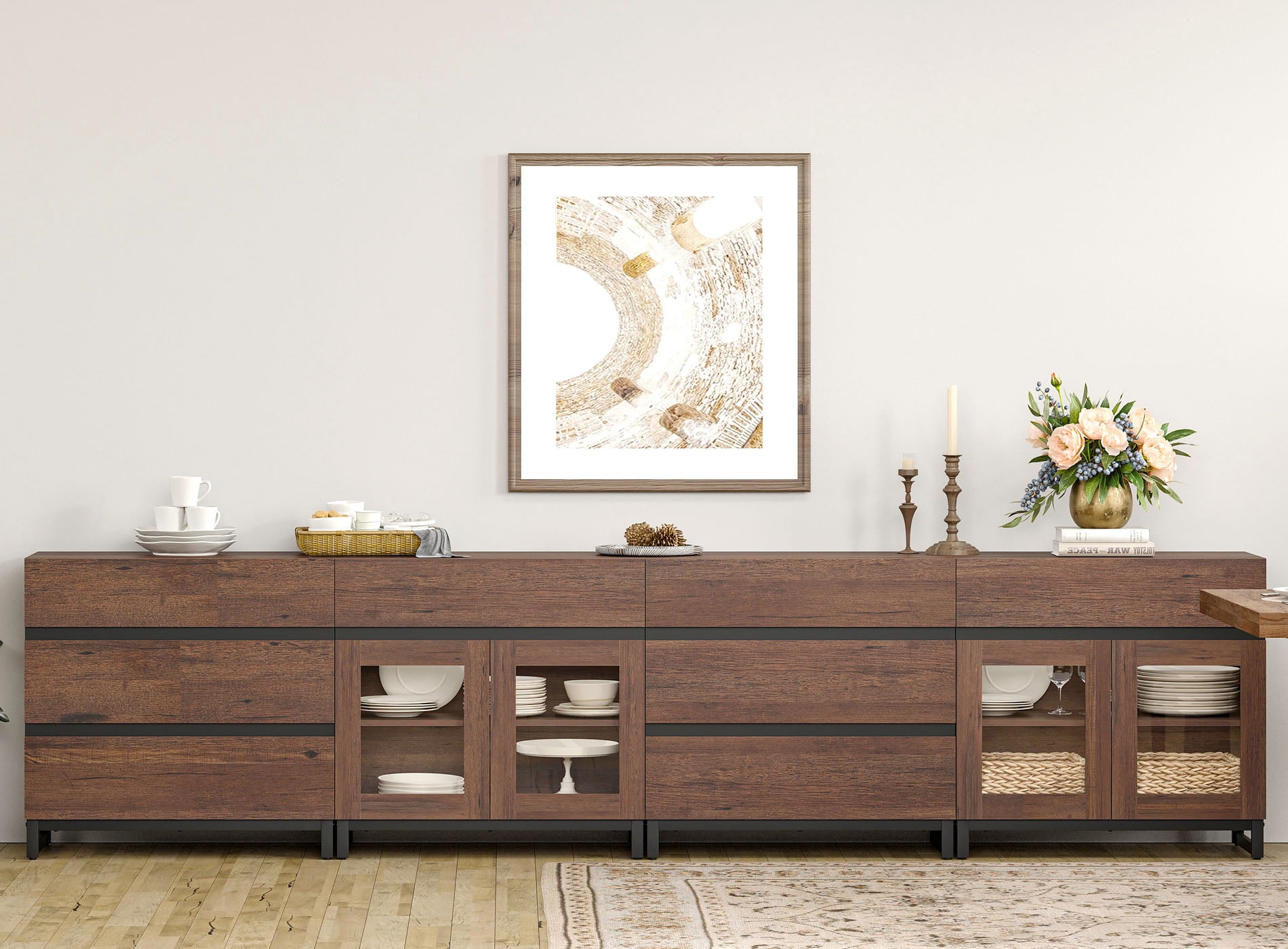 4-In-1 Multifunctional Sideboard Buffet with 8 Drawers, Modern Glass Door Credenza with Adjustable Shelf & Metal Base, Freestanding Storage Cabinet for Kitchen Living Room​,Brown
