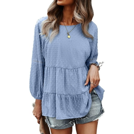 Kitsin Women s Chiffon Blouse Crochet Lace Puff Sleeve Babydoll Long Flowy Ruffle Shirts Loose Peplum Tops