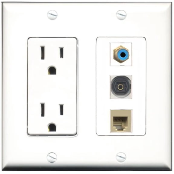 RiteAV - 15 Amp Power Outlet 1 Port RCA Blue 1 Port Phone Beige 1 Port Toslink Decorative Wall Plate