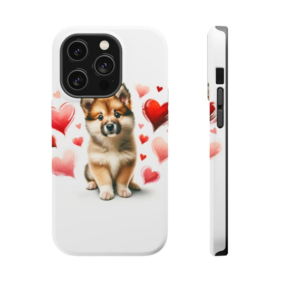 DistinctInk Tough Case for Apple iPhone 15 PRO (6.1" Screen), Compatible with MagSafe Charging - Valentine's Day Norwegian Buhund Puppy