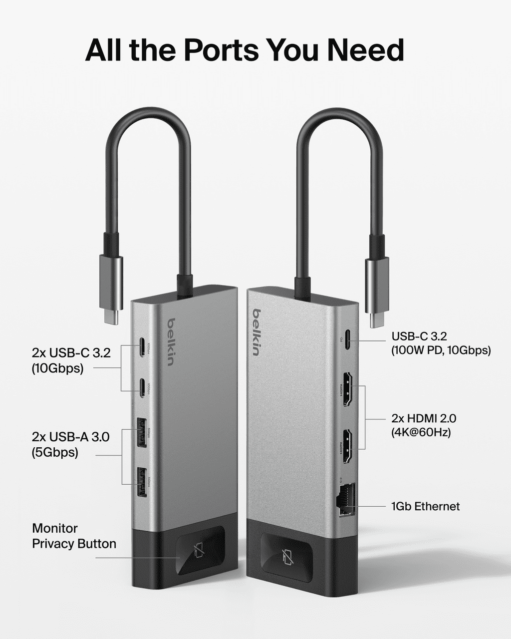 Belkin USB-C Hub, 8-in-1 Multi-Port Docking Station 100W - Dual Display Support for Mac, Windows and Chromebook - 10Gbps data transfer speeds, Ethernet, resolutions up to 4K@60Hz