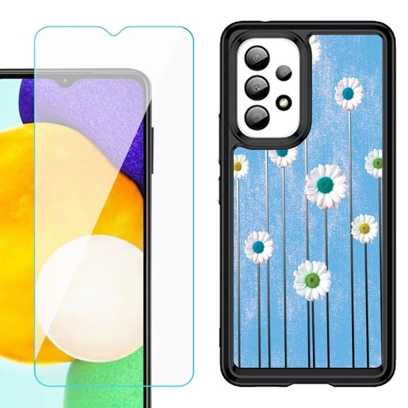 Shockproof Bumper (Black Frame) phone Case for Samsung Galaxy A23 5G, with Tempered Glass Screen Protector, by OneToughShield ® - Daisy Sky