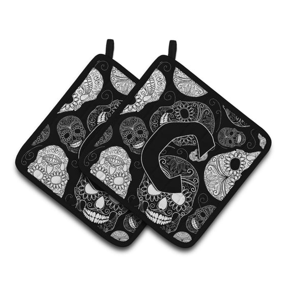 Letter C Day of the Dead Skulls Black Pair of Pot Holders
