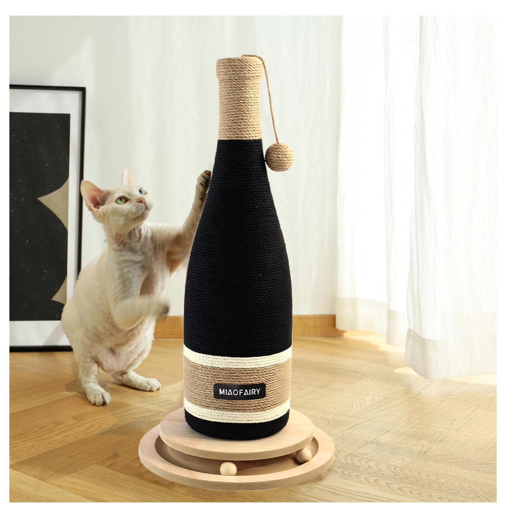 Cat Scratching Post, Premium Cat Scratching Board, Sisal Fiber Cat Scratcher-24.8 Inches with Hanging Ball, Red Wine Bottle Simple Design-Suitable Indoor Small and Medium Cats (24.8 in, Wooden Base)