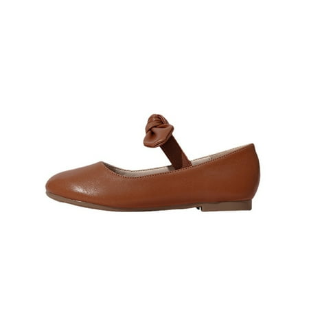 

Ferndule Kids Cute Bowknot Mary Jane School Comfort Slip On Dress Shoes Non-slip Low Top Flats Brown 9C
