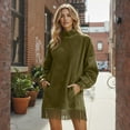 thumbnail image 7 of Women's Dress Long Sleeve High Neck Loose Fit Solid Color Suede with Pockets and Tassel Detail Midi Dress for Spring Fall,Green,S, 7 of 7
