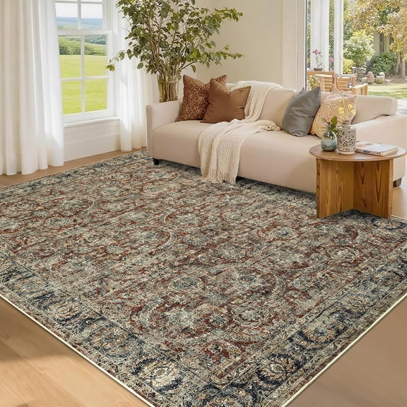 Washable Area Rugs 8' x 10' Rug, Vintage Non Slip Rug for Bedroom Decor Distressed Low Pile Stain Resistant Carpet for for Living Room Dining Room, Red