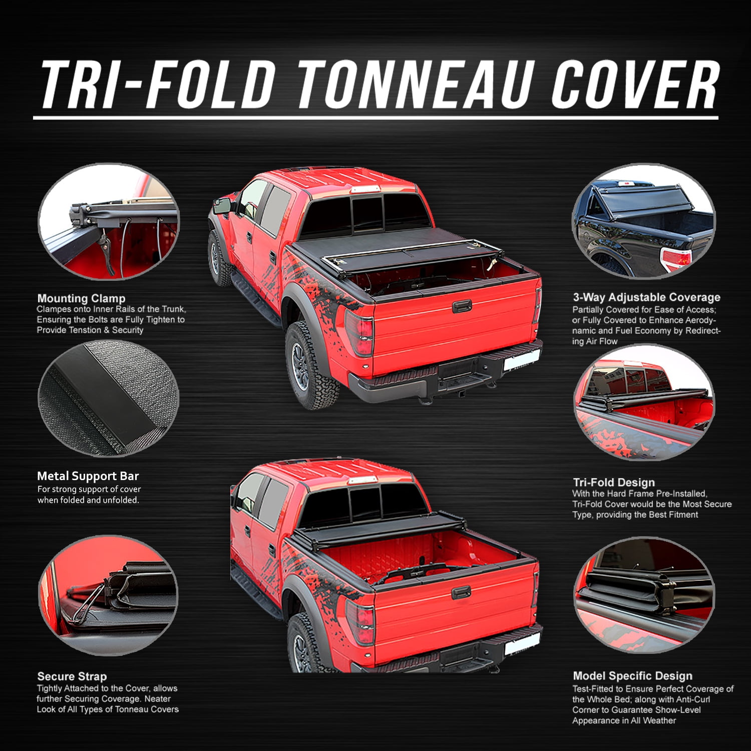 DNA Motoring Soft Folding Tri-Fold Tonneau Cover for 2019-2023 Ford Ranger 5' Ft Short Bed