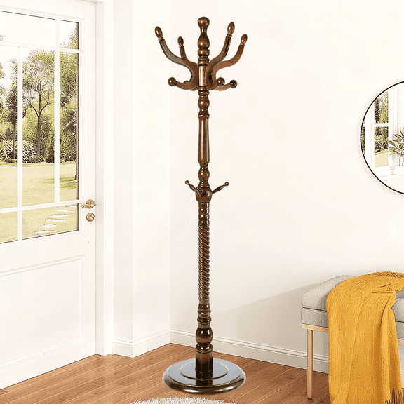 Vacmaster Freestanding Coat Rack with 11 Hooks, Sturdy Wooden Hall Tree for Entryway, Heavy-Duty Disc Base,for Hanging Hats, Jackets, Bags, Easy Assembly for Bedroom, Hallway, Office