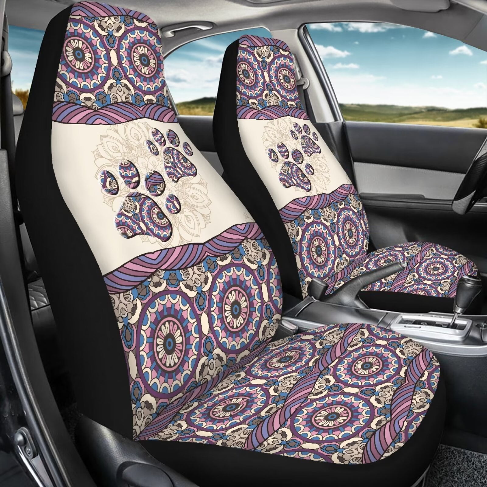 Uourmeti Women Cute Dog Paw Car Seat Covers Front Seats Only Boho Car Accessories for Women Vehicle Interior Decor Universal Bucket Seat Protector for Cars Truck Suvs