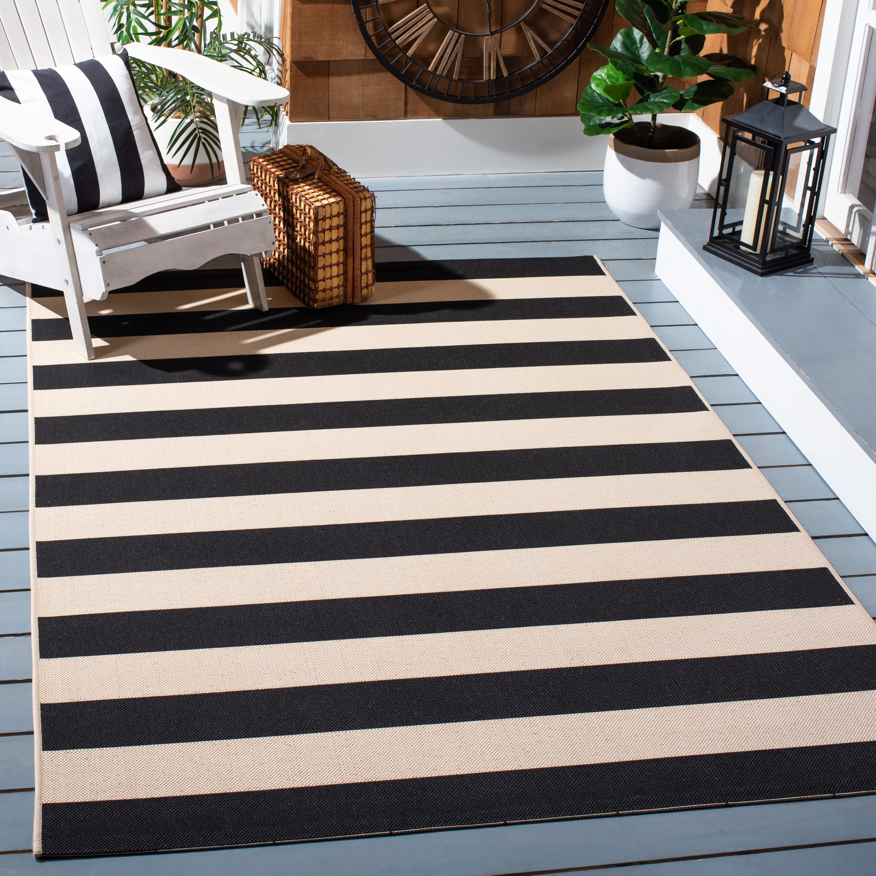 Safavieh Courtyard Ermintrude Striped Indoor/Outdoor Area Rug, Beige/Black, 7'10" x 7'10" Square