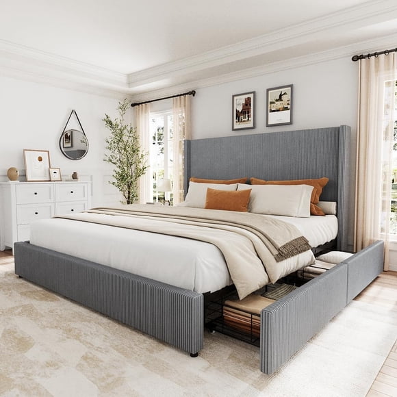 YUSAZENS King Size Upholstered Platform Bed Frame with Storage Drawers, Wingback Tufted Headboard & Footboard, Corduroy Fabric, No Box Spring Needed, Grey